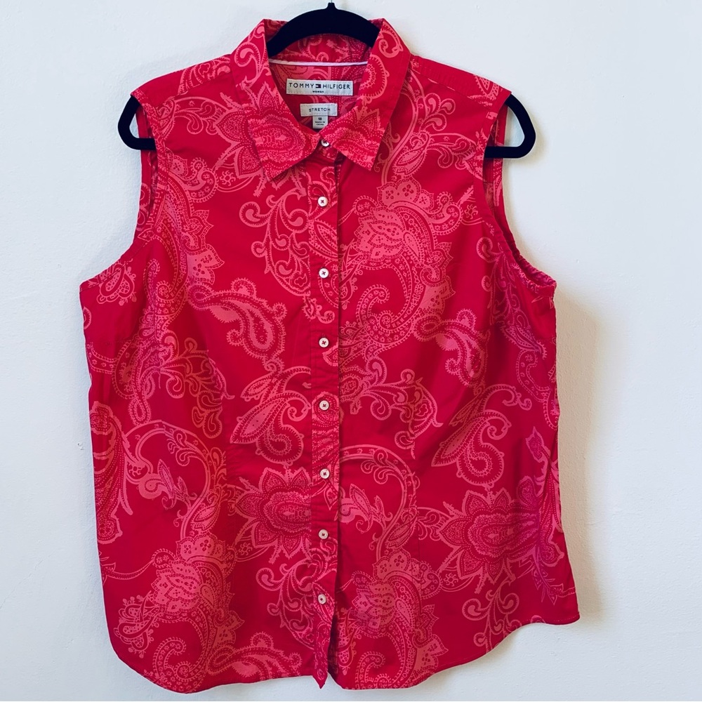 Tommy Hilfiger Woman—Paisley Pink Stretch Button Down Tank Blouse